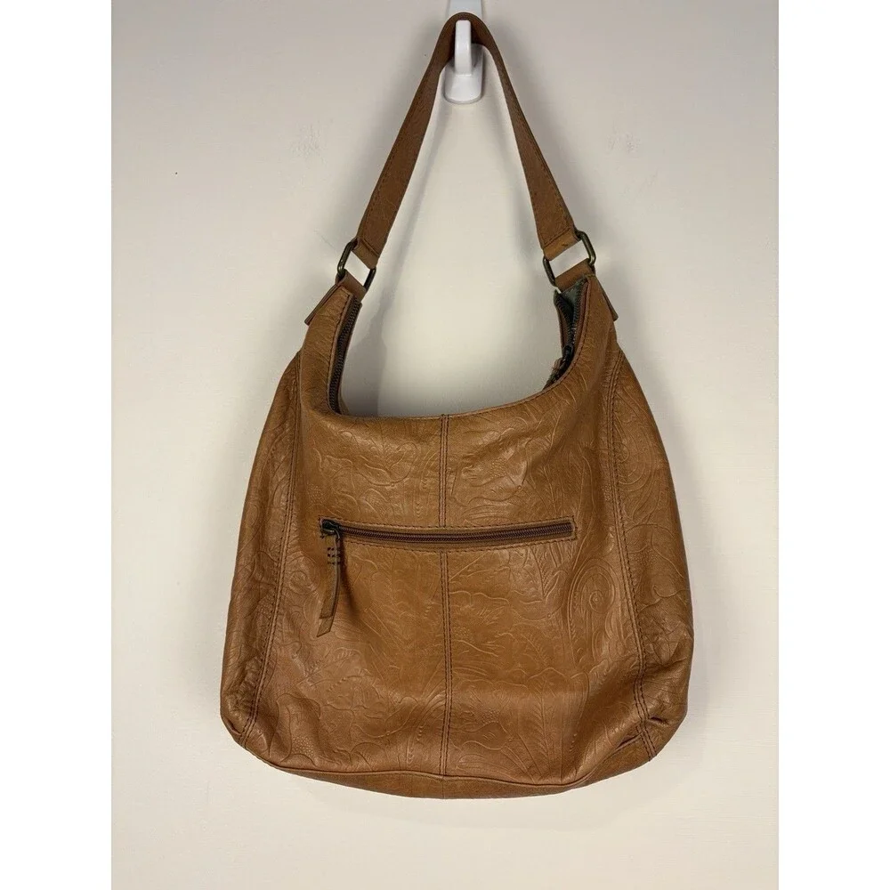 American Leather Company Tooled Leather Brown Shoulder Bag Large Zip Pockets